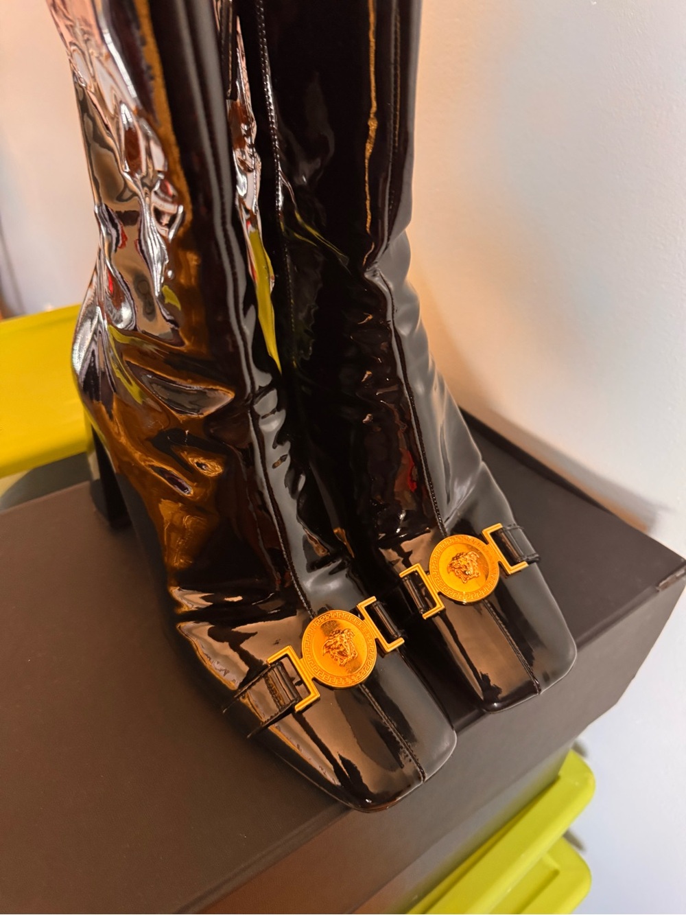 Versace Black Patent Boots with Gold Medallions